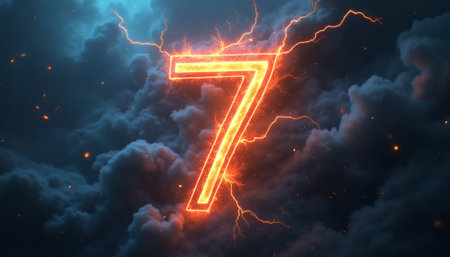 A striking number seven, illuminated in fiery orange, bursts through dark, swirling storm clouds, radiating energy and intensity. The electrifying design captures the essence of power and dynamism, making it perfect for themes of excitement and transformation.の素材