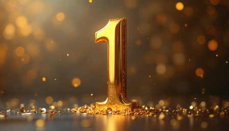 A stunning golden number one stands tall against a backdrop of sparkling bokeh lights, radiating luxury and celebration. This image captures the essence of achievement and success, perfect for commemorating milestones and special occasions.の素材