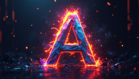 A striking letter A emerges from a dark, textured surface, surrounded by vibrant flames and glowing embers. This captivating image combines elements of fire and light, creating a dynamic and energetic atmosphere that draws the viewer in.の素材