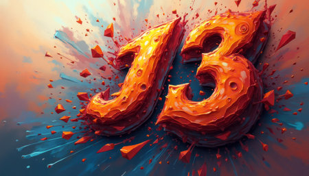 The image showcases a striking 3D representation of the number 13, exploding with energy and vivid hues of orange and red. The dynamic design features sharp, angular shards radiating outward, creating a sense of movement and excitement, perfect for capturing attention in any creative project.の素材