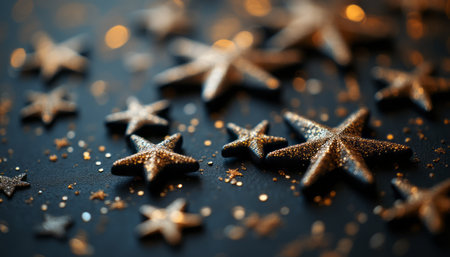 A mesmerizing array of glittering golden stars is artfully scattered across a deep, dark background, creating a magical atmosphere. The shimmering stars, varying in size, evoke feelings of celebration and wonder, perfect for festive occasions or holiday themes.の素材