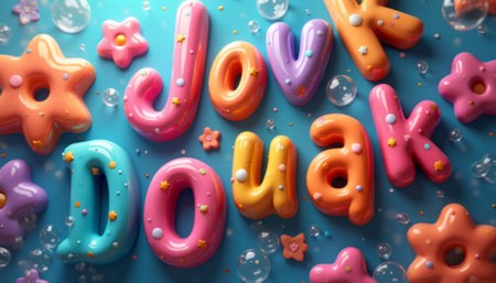 A vibrant arrangement of whimsical, oversized letters in pastel colors, surrounded by playful bubbles and star-shaped decorations. This cheerful composition radiates joy and creativity, perfect for childrens themes or festive celebrations.の素材