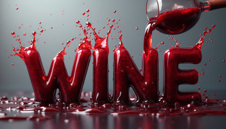A captivating scene where rich red wine splashes dramatically to form the word WINE, creating a sense of excitement and indulgence. The glossy letters, drenched in wine, evoke a luxurious atmosphere, perfect for wine lovers and connoisseurs.の素材