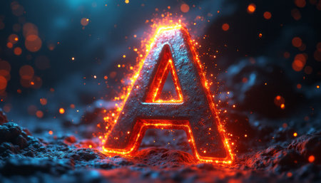 A striking letter A radiates with a fiery glow, surrounded by a mystical, textured background. The vibrant orange and red hues create an electrifying atmosphere, evoking feelings of energy and creativity.の素材