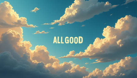A breathtaking sky filled with fluffy clouds bathed in warm sunlight, featuring the uplifting phrase ALL GOOD prominently displayed. This serene image evokes feelings of hope and positivity, inviting viewers to embrace a carefree and optimistic mindset.の素材