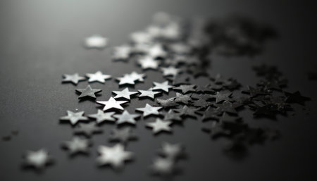 A mesmerizing array of black star-shaped confetti glimmers softly against a deep, shadowy background. This enchanting image evokes a sense of mystery and celebration, perfect for adding a touch of elegance to any design project.の素材