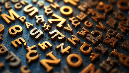 A captivating array of golden letters sprawls across a dark, textured background, creating a striking visual contrast. Each letter glimmers with a metallic sheen, inviting viewers to explore the beauty of typography and design.の素材