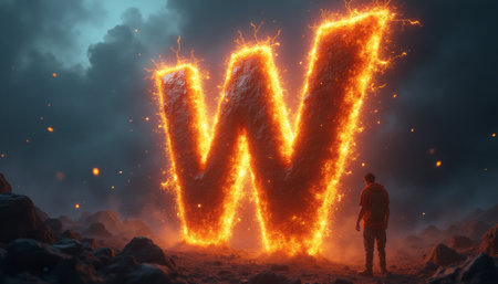 A massive, glowing letter W made of fire and sparks stands against a dramatic, smoky backdrop, with a lone figure gazing in awe. This striking image captures the essence of power and creativity, evoking feelings of inspiration and wonder in a surreal, fiery landscape.の素材