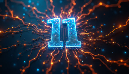 The image features the number 11, glowing in a dazzling blue hue, surrounded by dynamic orange and blue energy lines that radiate outward. This captivating visual evokes a sense of excitement and innovation, perfect for themes of technology and celebration.の素材