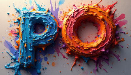 The image showcases the letters P and O crafted from thick, colorful paint, surrounded by dynamic splashes of blue, orange, and pink. This artistic representation bursts with energy and creativity, making it perfect for projects that celebrate art, expression, and innovation.の素材