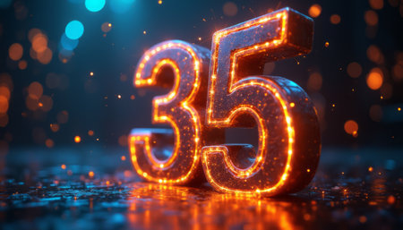 The image features a vibrant, illuminated number 35, radiating warmth and energy against a backdrop of shimmering bokeh lights. This captivating scene evokes a sense of celebration and excitement, perfect for marking milestones or special occasions.の素材