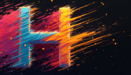 An eye-catching abstract representation of the letter H is created with vibrant brush strokes in blue, pink, and orange against a dark background. The energetic colors and motion evoke a sense of creativity and modernity, making it perfect for artistic projects or branding.の素材