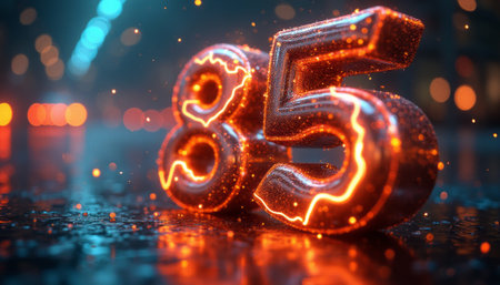 The image features the number 85, glowing with a fiery orange hue, set against a wet, reflective surface that captures the essence of a rainy night. The shimmering lights and droplets create a magical atmosphere, evoking feelings of warmth and excitement amidst the cool, damp surroundings.の素材