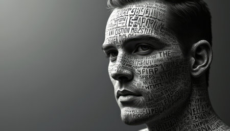 This striking monochrome portrait features a young man whose face is intricately covered with various words and phrases, creating a powerful visual statement. The artwork explores themes of identity and expression, inviting viewers to reflect on the impact of language and communication in shaping who we are.の素材