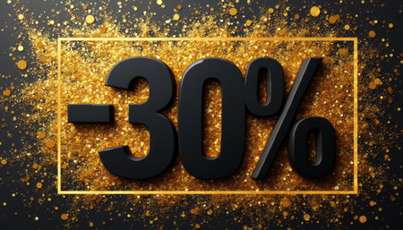 This striking image features a prominent -30 discount symbol in bold black font, set against a dazzling gold glitter background. The vibrant contrast creates an eye-catching effect, perfect for promotional materials and sales events.の素材