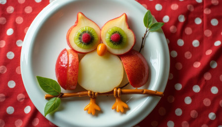 A delightful owl made from vibrant fruits sits on a white plate, showcasing a playful arrangement of apples, kiwi, and strawberries. This charming fruit art brings joy and creativity to any meal, perfect for kids and family gatherings.の素材