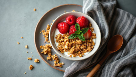 A beautifully arranged bowl of creamy yogurt is topped with vibrant raspberries and crunchy granola, set against a soft gray background. This enticing image captures the essence of a healthy breakfast, inviting viewers to indulge in a refreshing and nutritious start to their day.の素材