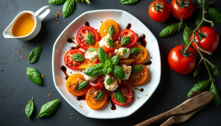 A beautifully arranged plate of colorful tomatoes, creamy mozzarella, and fresh basil leaves creates a stunning Caprese salad. Drizzled with balsamic glaze and accompanied by a small jug of olive oil, this dish is a feast for the eyes and palate, perfect for summer gatherings or gourmet dining.の素材