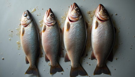 Freshly caught fish lined up on a clean surface, glistening with moisture and ready for culinary delight. The image captures the essence of freshness and quality, showcasing the fishs shimmering scales and vibrant colors, perfect for seafood lovers and culinary enthusiastsの素材
