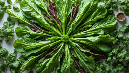 An artistic display of assorted leafy greens, including romaine and kale, arranged in a stunning radial pattern. The lush textures and rich colors create a visual feast, celebrating the beauty of fresh produce and healthy eating.の素材