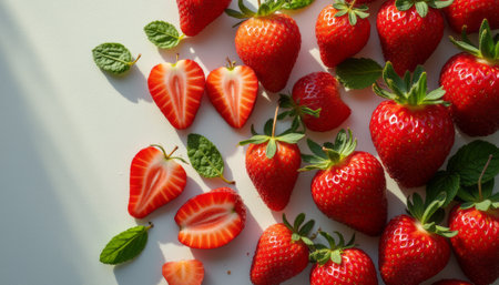 A vibrant display of ripe strawberries, some whole and others halved, is beautifully complemented by fresh mint leaves. The rich red hues of the strawberries contrast with the green mint, creating a mouthwatering scene that evokes freshness and summer delight.の素材
