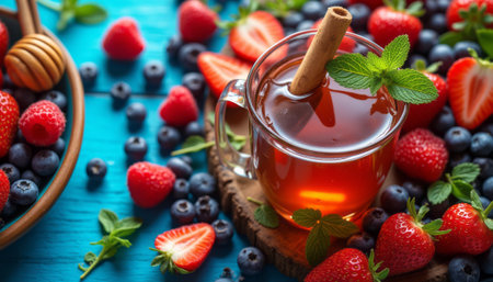 A vibrant glass of berry-infused tea sits elegantly on a wooden coaster, surrounded by a colorful array of fresh strawberries, blueberries, and mint leaves. The warm hues of the tea, complemented by a cinnamon stick and a drizzle of honey, create a delightful and inviting atmosphere perfect for a refreshing beverage.の素材