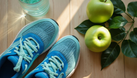 A pair of stylish blue sneakers rests on a wooden surface beside two bright green apples and lush green leaves. This image captures the essence of a healthy lifestyle, blending fitness and nutrition in a refreshing, vibrant setting.の素材