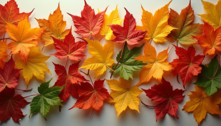 A stunning display of autumn leaves showcases a rich palette of reds, oranges, yellows, and greens, creating a warm and inviting atmosphere. The intricate details of each leaf highlight the beauty of natures transition, evoking feelings of nostalgia and the cozy essence of fall.の素材