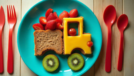 This whimsical food creation features a truck crafted from whole grain bread and vibrant cheese, topped with juicy strawberries. The colorful presentation on a bright turquoise plate, complemented by kiwi wheels, invites joy and creativity to mealtime, perfect for kids and fun-loving adults.の素材
