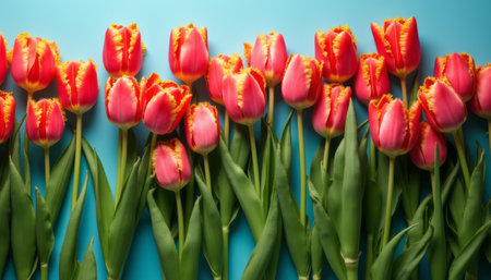 A beautiful arrangement of vibrant pink and orange tulips stretches across a bright blue background, creating a striking visual contrast. The delicate petals and lush green leaves evoke feelings of joy and freshness, perfect for celebrating spring or special occasions.の素材