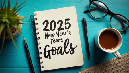 A stylish notebook with 2025 New Years Goals written boldly sits on a bright blue table, surrounded by a cozy cup of coffee and stylish glasses. This image captures the essence of planning and motivation, perfect for inspiring a fresh start and goal-setting for the new year.の素材
