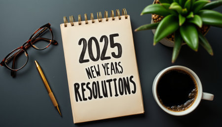 A stylish notebook displays the bold phrase 2025 New Yearâs Resolutions, surrounded by a cozy coffee cup, a sleek pen, and a vibrant green plant. This image captures the essence of fresh beginnings and personal growth, inviting viewers to reflect on their aspirations for the upcoming year.の素材