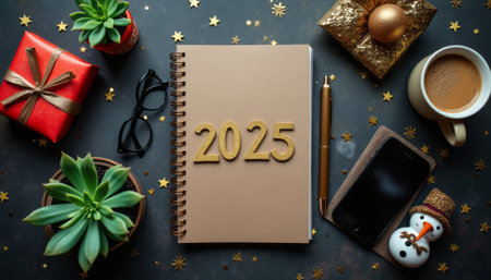 A cozy flat lay captures the essence of New Yearâs Eve, featuring a notebook marked 2025, surrounded by festive decorations, plants, and a warm cup of coffee. The scene radiates a sense of anticipation and celebration, perfect for welcoming the new year with joy and reflection.の素材