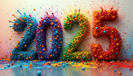 The image showcases the year 2025 crafted from a multitude of vibrant spheres, bursting with color against a soft gradient background. This lively composition radiates joy and excitement, perfect for welcoming the New Year with a festive spirit.の素材