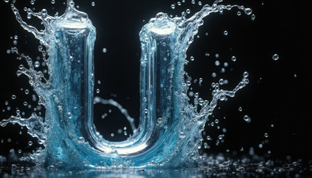 A stunning splash of water creates the letter U, captured against a dramatic black background. The image showcases the fluidity and beauty of water, emphasizing movement and energy in a captivating way.の素材