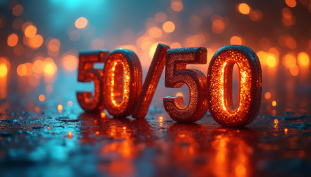 The image features shimmering numbers 50/50 illuminated in a warm orange glow, set against a backdrop of soft blue and orange bokeh lights. This captivating scene evokes a sense of celebration and balance, perfect for marking milestones or special occasions.の素材
