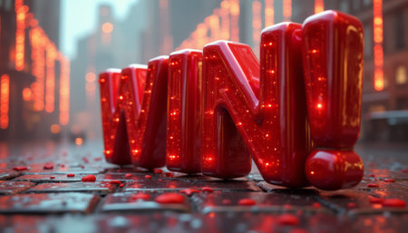 The image features a bold, glossy red WIN sign, sparkling with lights, set against a misty city street adorned with glowing decorations. This captivating scene radiates excitement and celebration, perfect for conveying triumph and joy during festive occasions.の素材