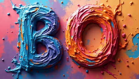 The image showcases the bold letters BO crafted from vibrant, textured paint, splattered against a lively, multicolored backdrop. The dynamic hues of blue, orange, and pink create an energetic atmosphere, inviting creativity and artistic expression.の素材