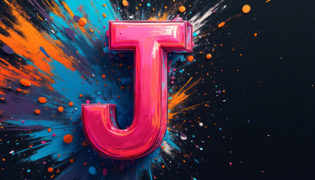 A bold, glossy pink letter J stands out against a dynamic explosion of vivid colors, creating an energetic and playful atmosphere. The striking contrast of the letter against the colorful splatter evokes a sense of creativity and excitement, perfect for modern design projects.の素材