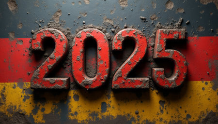 The bold, distressed numbers 2025 stand out against a textured backdrop featuring the colors of the German flag. This image evokes a sense of nostalgia and anticipation, symbolizing the transition into a new year filled with hope and possibilities.の素材