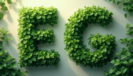 The image features the letters E and G creatively crafted from lush green leaves, set against a soft, light background. This vibrant representation symbolizes growth and sustainability, evoking a sense of harmony with nature and environmental consciousness.の素材