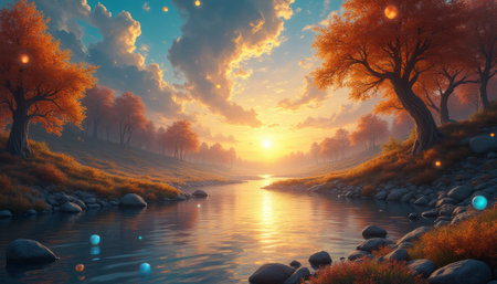 A breathtaking sunset casts a warm glow over a peaceful river, surrounded by vibrant autumn trees. The scene is alive with rich oranges and soft blues, creating a magical atmosphere that invites reflection and tranquility.の素材