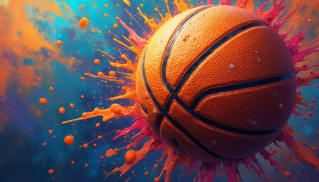 A vibrant basketball bursts through a colorful splash of paint, creating an energetic and eye-catching visual. The image captures the thrill of the game, with vivid colors radiating from the ball, symbolizing passion and excitement in sports.の素材