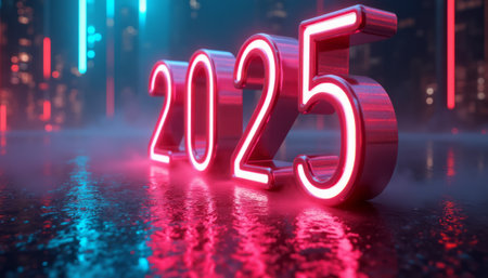 The image features a striking neon sign displaying the year 2025, illuminated against a moody, reflective urban backdrop. The vibrant colors and misty atmosphere evoke a sense of excitement and anticipation for the new year, capturing the essence of modern celebration.の素材