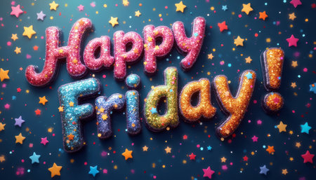 The image features sparkling, multi-colored letters spelling out Happy Friday against a deep blue background, adorned with playful stars. This cheerful design radiates joy and excitement, perfect for celebrating the end of the week and welcoming the weekend.の素材