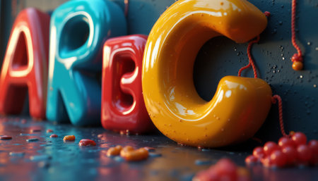 Vibrant 3D letters A, B, and C in bright red, blue, and yellow are artistically arranged, glistening with water droplets. The playful scene evokes a sense of joy and creativity, perfect for educational themes or childrens products.の素材