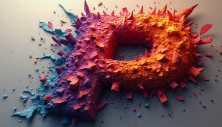 This striking 3D representation of the letter P is adorned with vibrant hues of orange, pink, and blue, creating a dynamic visual impact. The textured surface, resembling a burst of petals and spikes, adds depth and energy, making it perfect for modern design projects.の素材