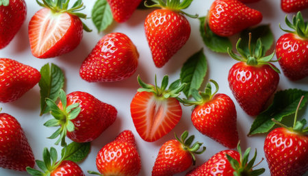 A delightful arrangement of ripe, juicy strawberries, some whole and one halved, rests atop a clean white surface. The vivid red of the strawberries contrasts beautifully with the lush green leaves, evoking a sense of freshness and summer sweetness.の素材