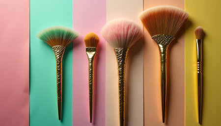 A stunning array of makeup brushes in various sizes is elegantly displayed against a backdrop of pastel colors. The golden handles and soft bristles create a luxurious feel, perfect for beauty enthusiasts and professionals alike.の素材