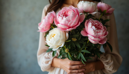 A graceful woman cradles a stunning bouquet of pink and white peonies against a soft, muted background. The vibrant blooms radiate beauty and freshness, evoking feelings of love and celebration.の素材